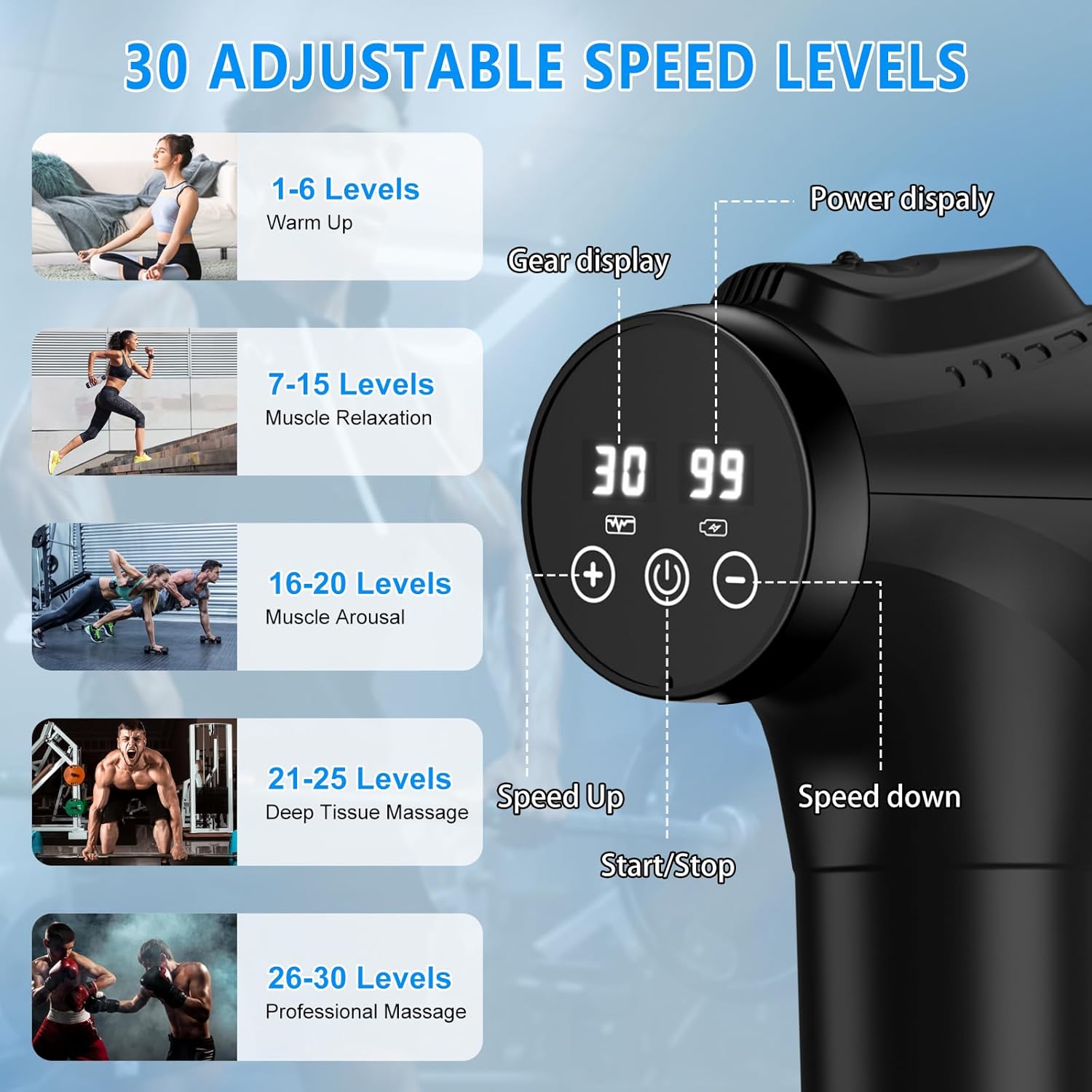 Massage Gun, Deep Tissue Handheld Massager with 30 Speeds & 9 Heads